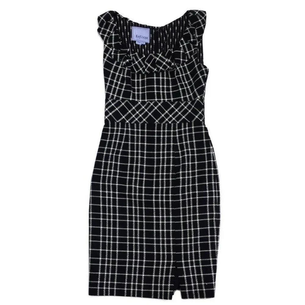 Kay Unger Tweed Ruffle Neck Sheath Dress